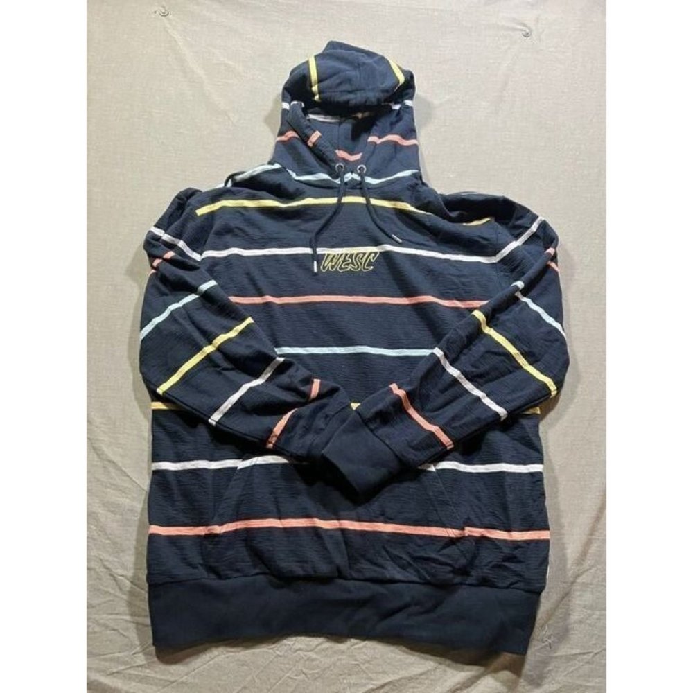 Wezc Sweater Adult Large Blue Striped Pullover Long‎ Sleeves Hoodie Mens.